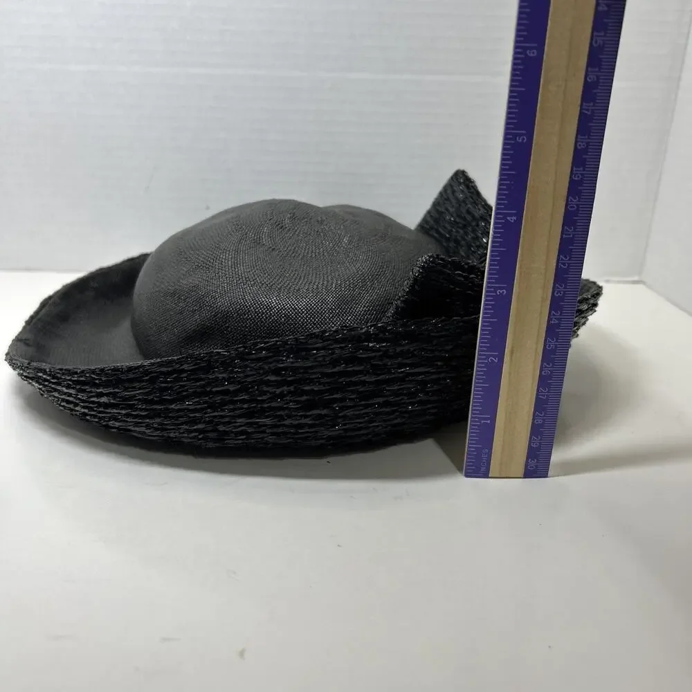 Vtg Hattie Carnegie I Magnin Co., Black Cloche Hat 1950s Woven Ratten Bow Hat